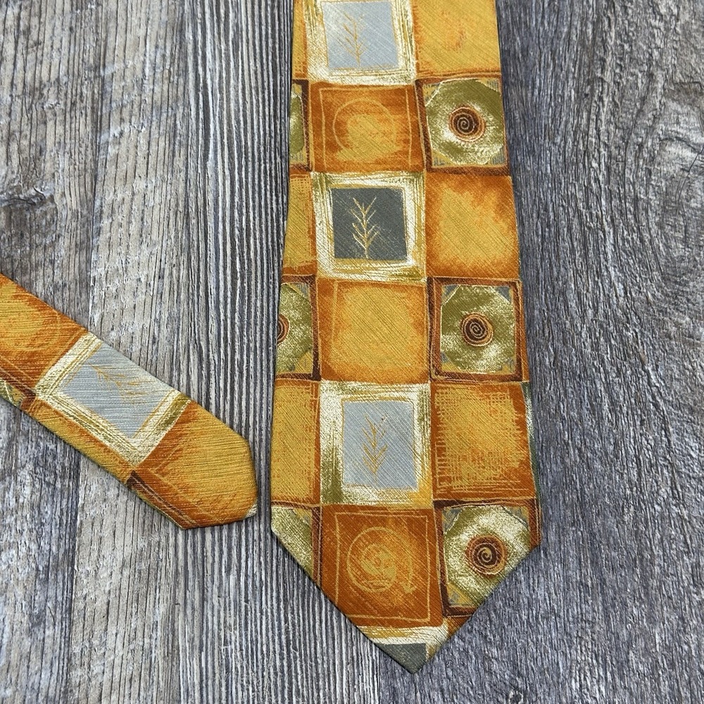 Ermenegildo Zegna 100% Silk Tie Geometric Square Pattern Gold Orange Gray Italy